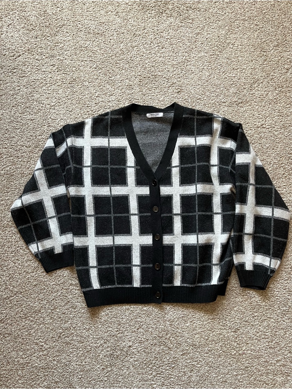 Smash & Tess Plaid Windowpane Check Cardigan Sweater Black White Size M/L